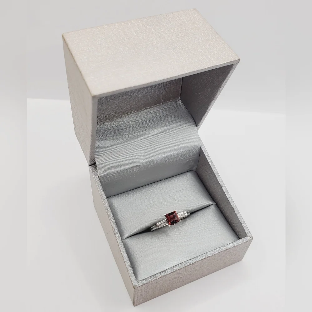 Genuine Red Princess Cut Garnet & White Topaz 925 Sterling Silver Ring